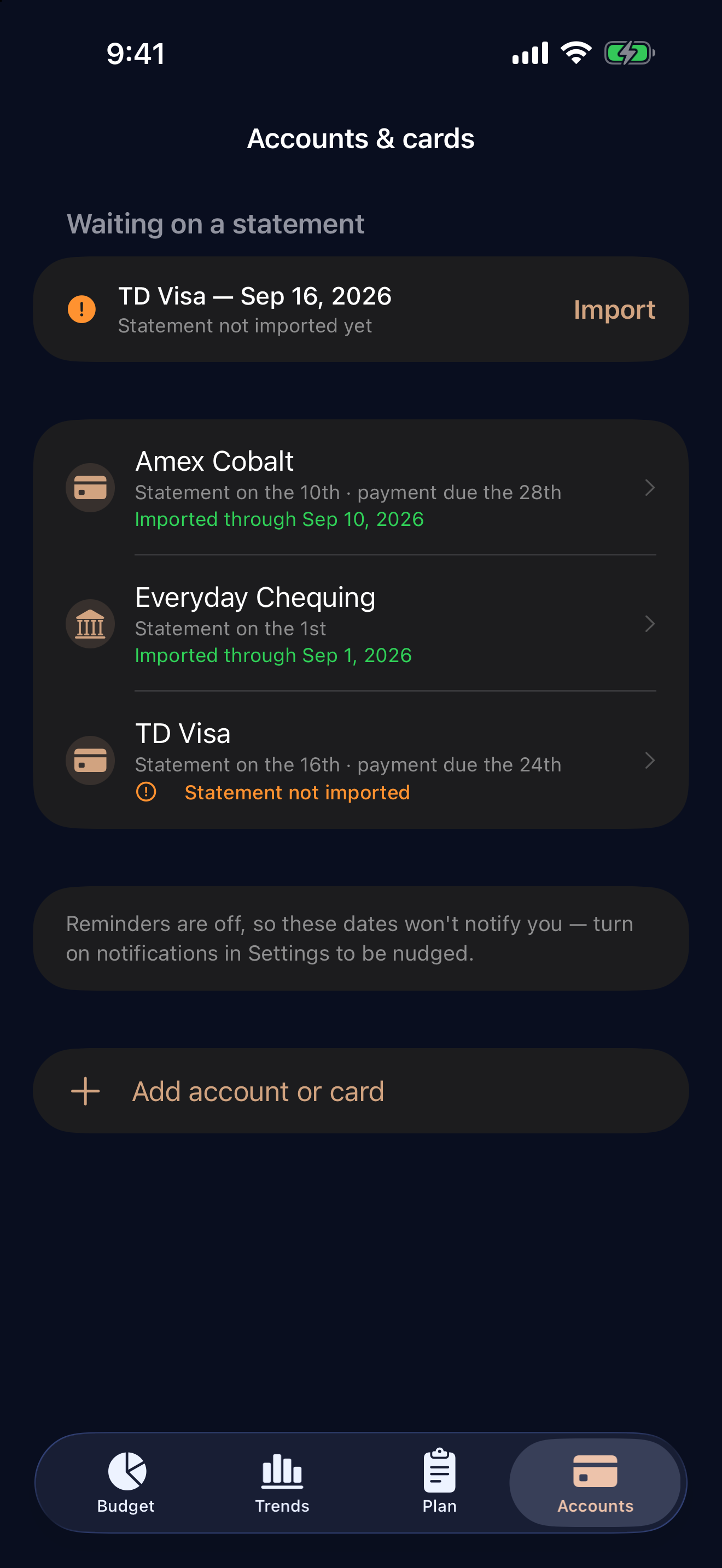 The Accounts tab: cards with statement and payment dates, one statement still waiting to be imported