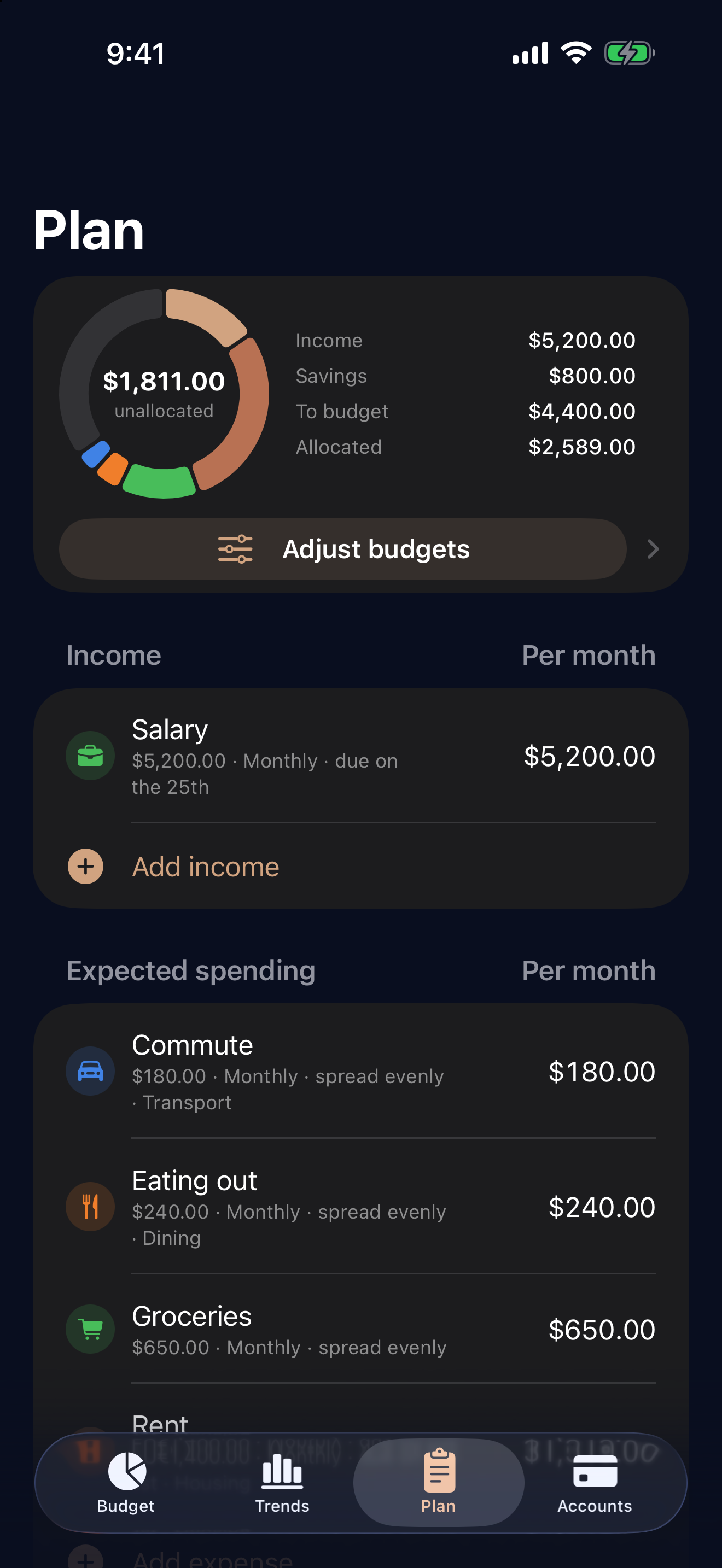 The Plan tab: a donut dividing income across savings and categories